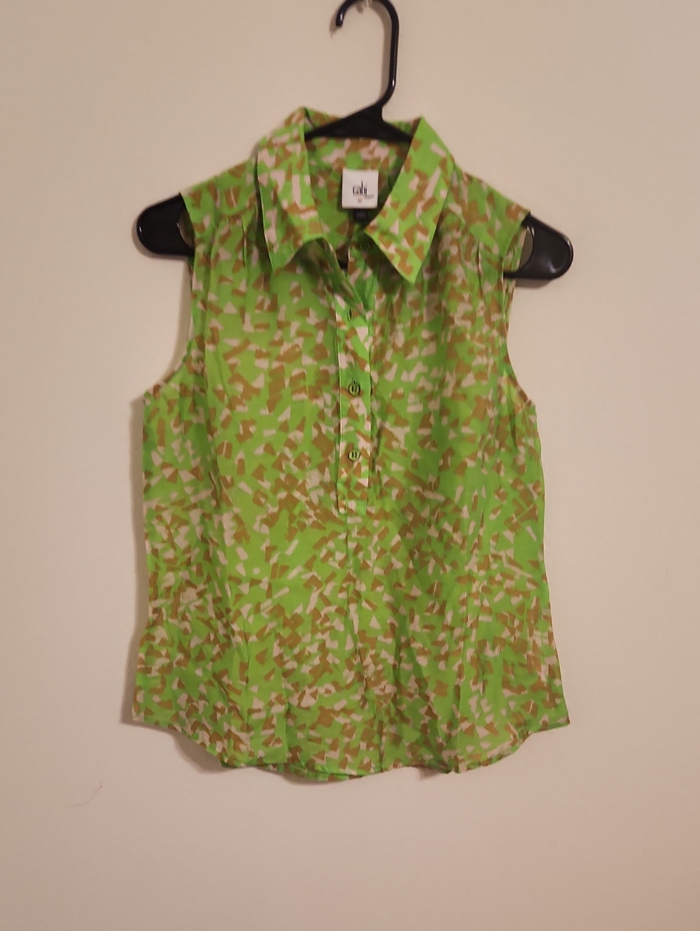 CAbi Sleeveless Collared Blouse in Lime Green Print